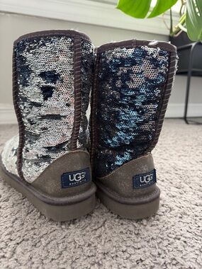 UGG Reversible Sequin Mid-Calf Boots in Brown and Blue